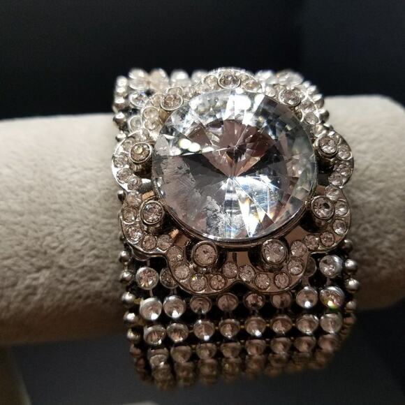 Rhinestone Wide Snap Bracelet, Clear Rhinestones Brown Faux Leather, 7 3/4 Inch - Picture 8 of 9